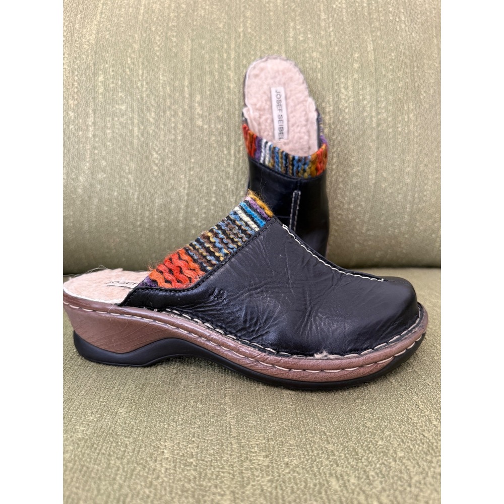 Josef Seibel Black Leather Knit Trim Clog Mules Cozy Lined Slip On Sz‎ 39 (8.5)